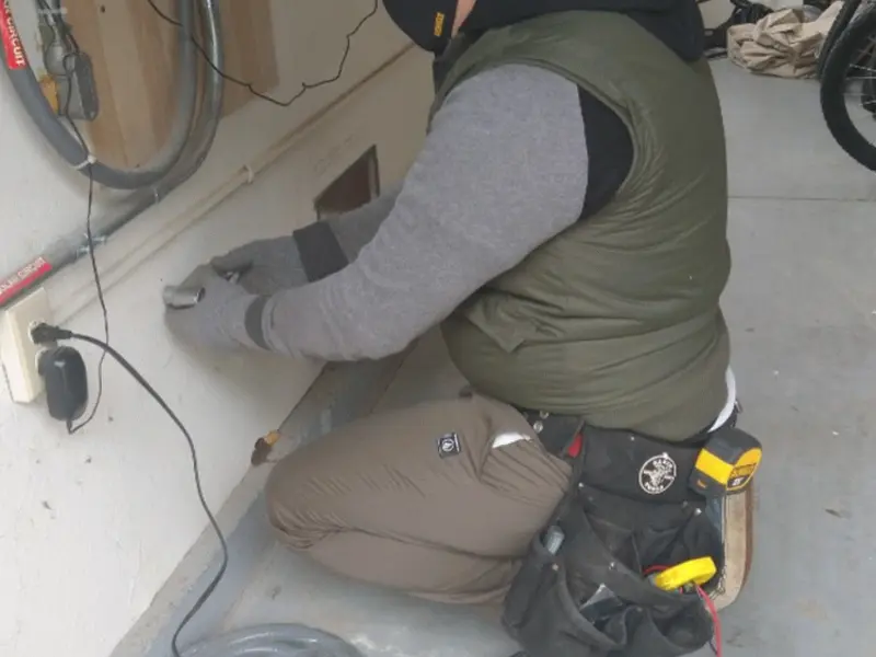 Electrician performing outlet wiring in a Waseca garage